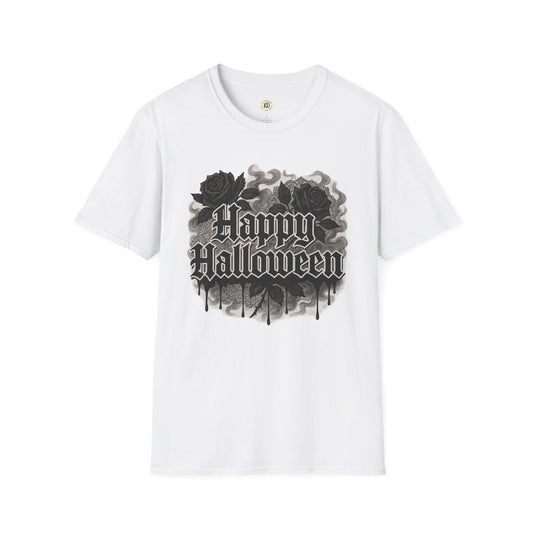 White Halloween rose graphic t-shirt with black smoky roses and Happy Halloween text