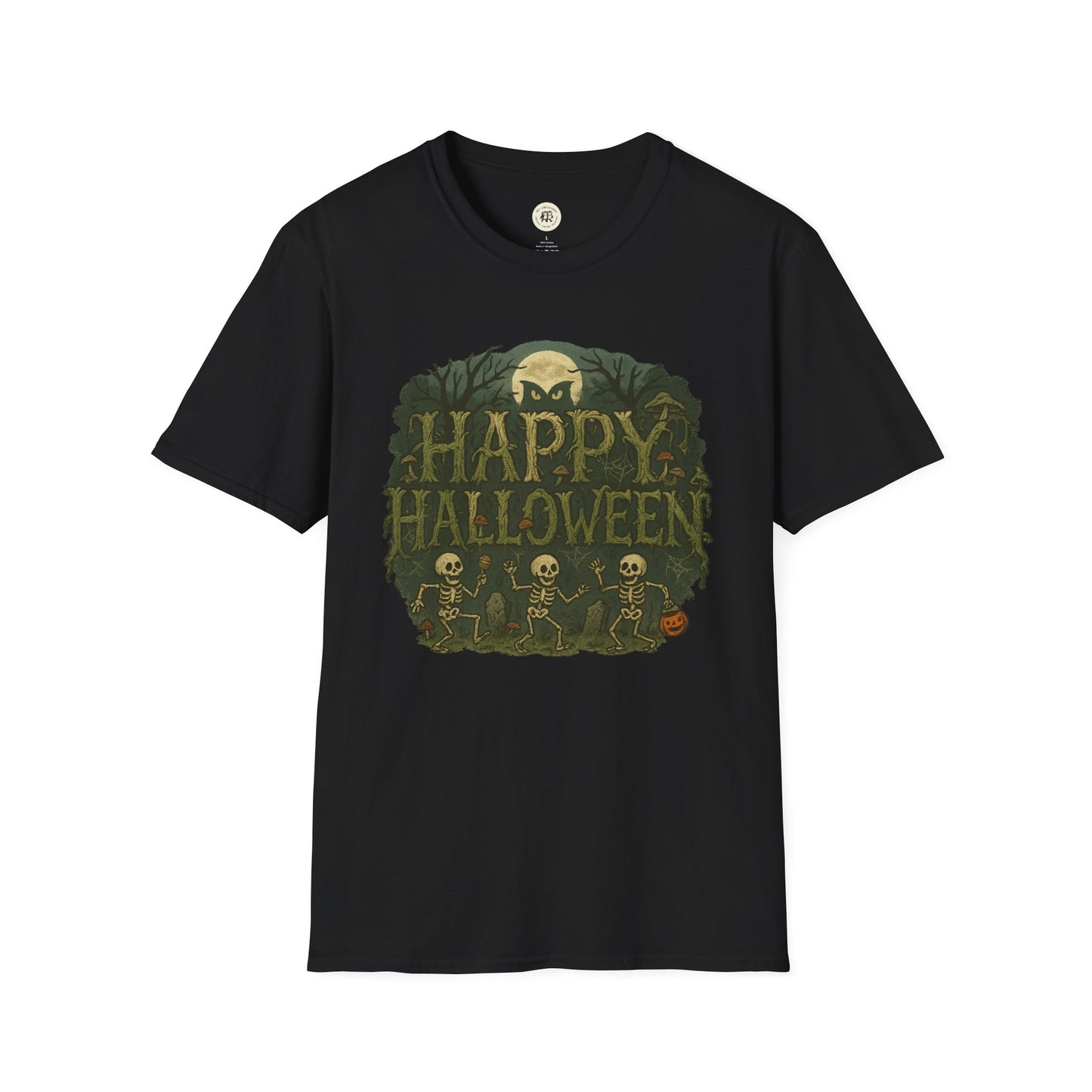 Printify Halloween skeleton graphic tee with dancing skeletons and Happy Halloween text on black T-shirt