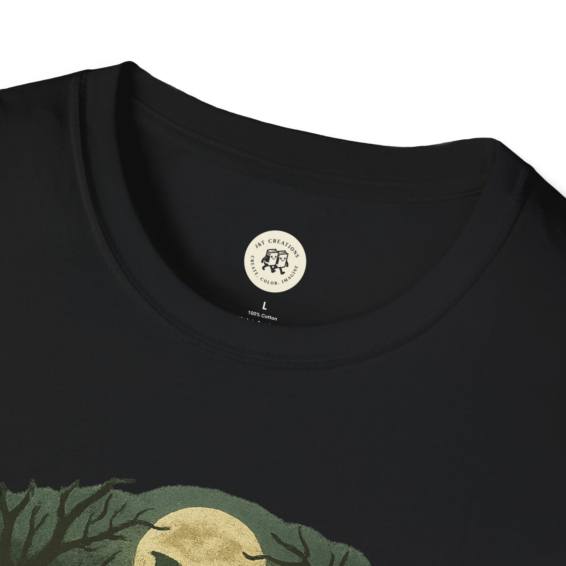 Printify black Halloween skeleton graphic tee with spooky moon and tree design on soft cotton fabric
