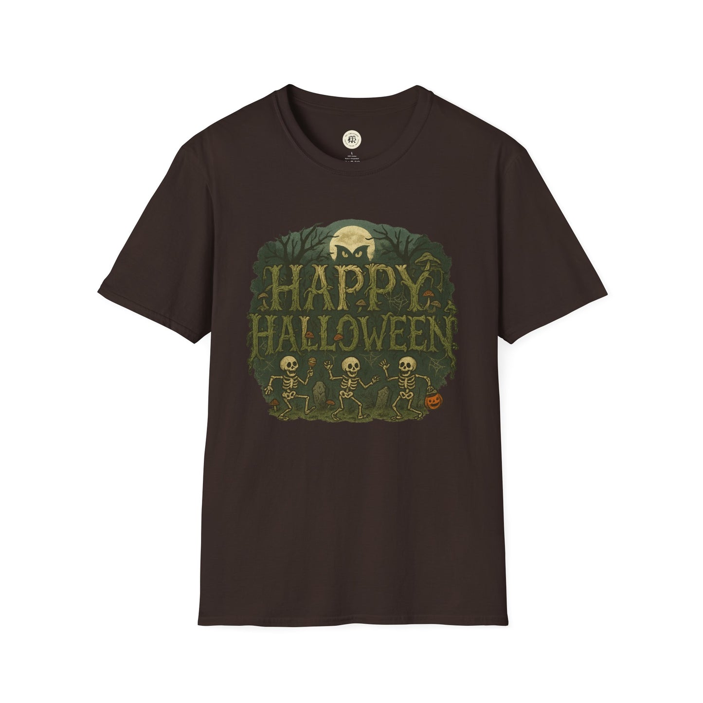 Printify Halloween skeleton graphic tee with dancing skeletons and Happy Halloween text in green and yellow