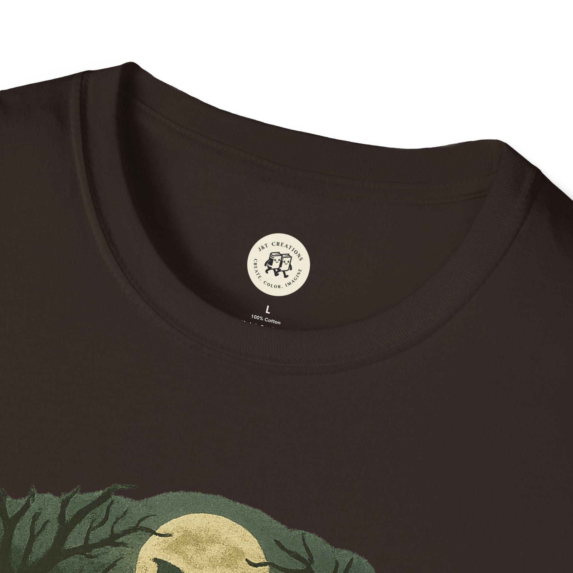 Printify black T-shirt with Halloween skeleton graphic tee design featuring spooky trees and full moon