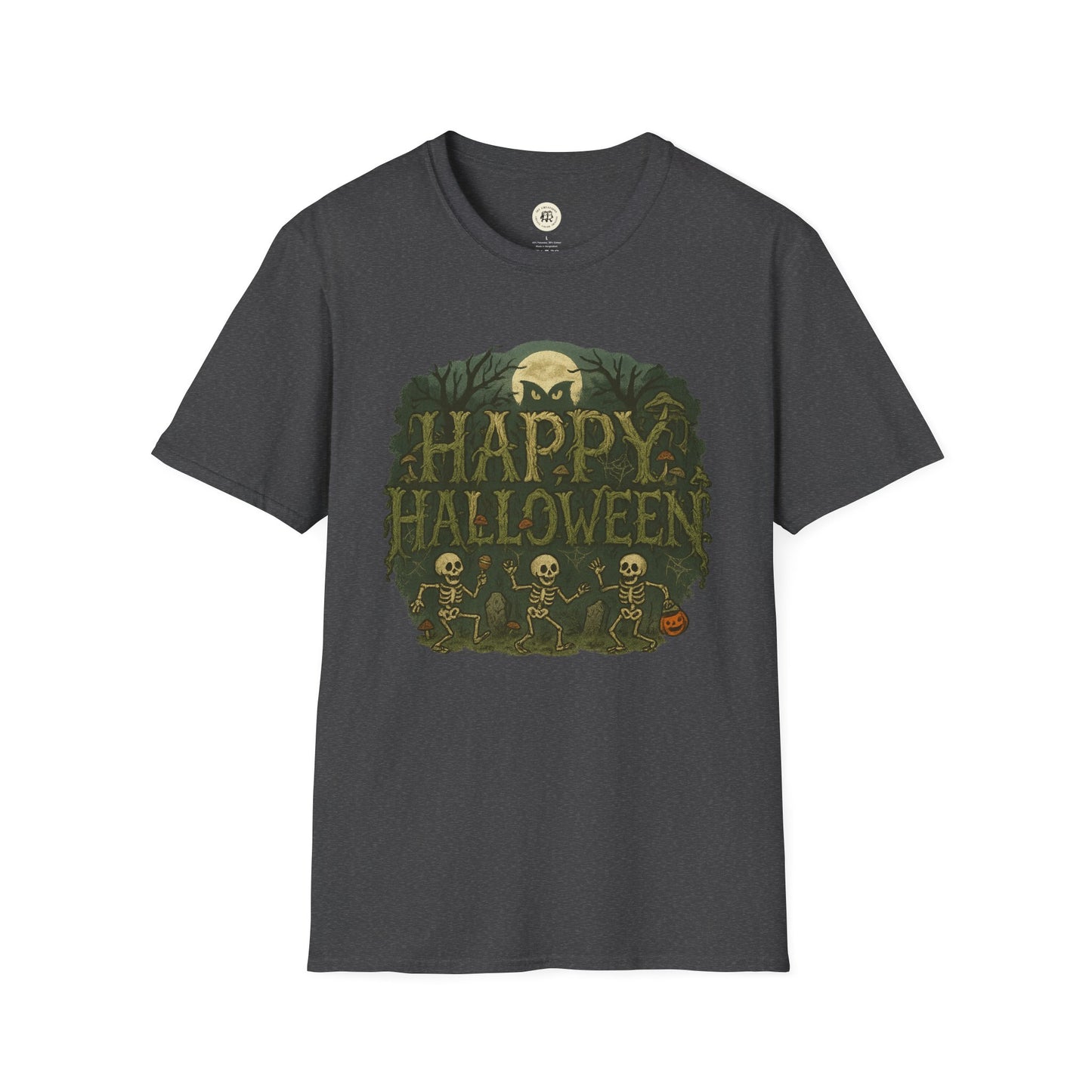Printify Halloween skeleton graphic tee with Happy Halloween text and dancing skeletons on dark shirt