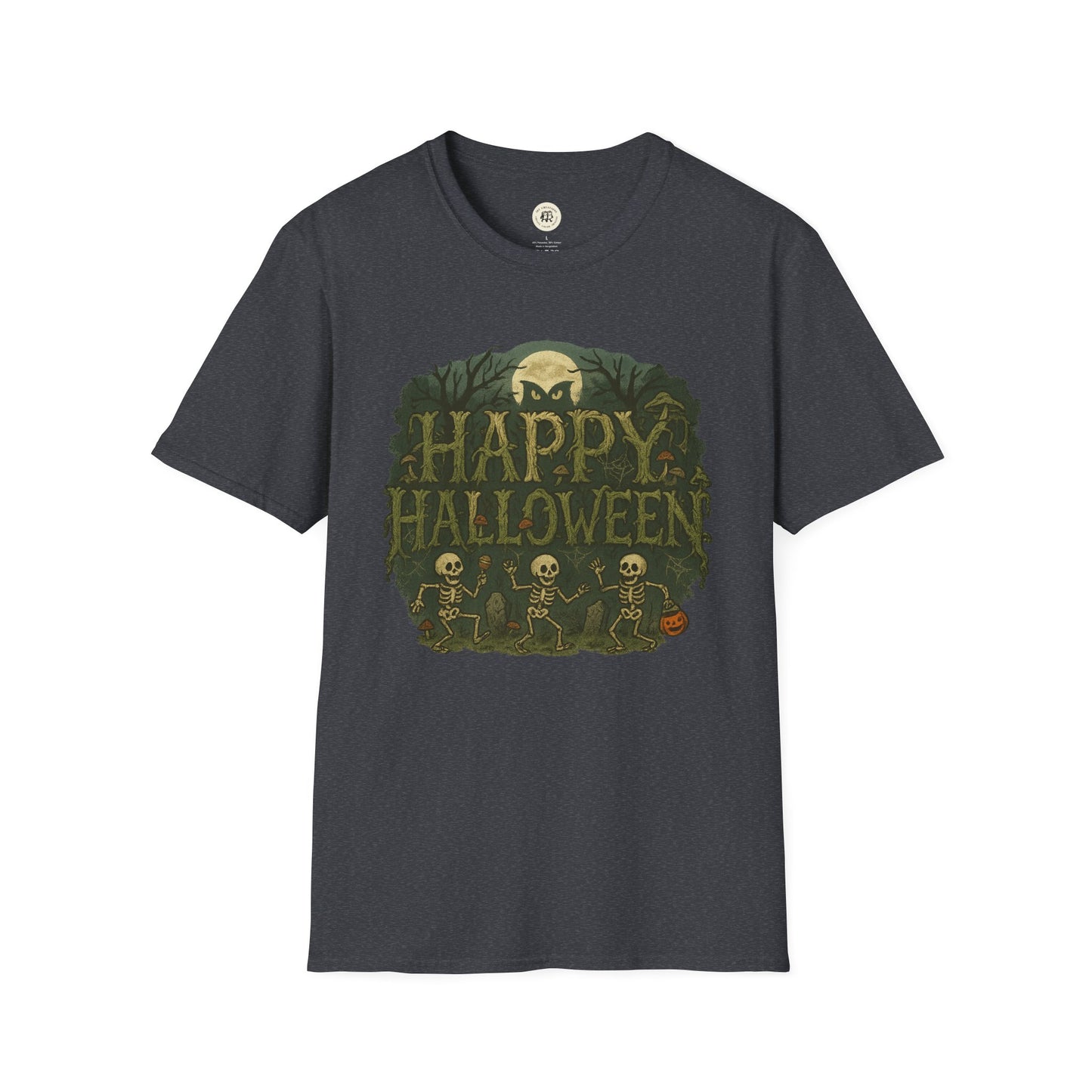 Printify Halloween skeleton graphic tee with happy Halloween text and dancing skeletons on black shirt