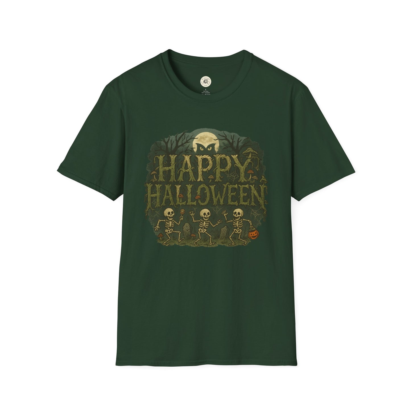Printify Halloween skeleton graphic tee in dark green with dancing skeletons and happy Halloween text