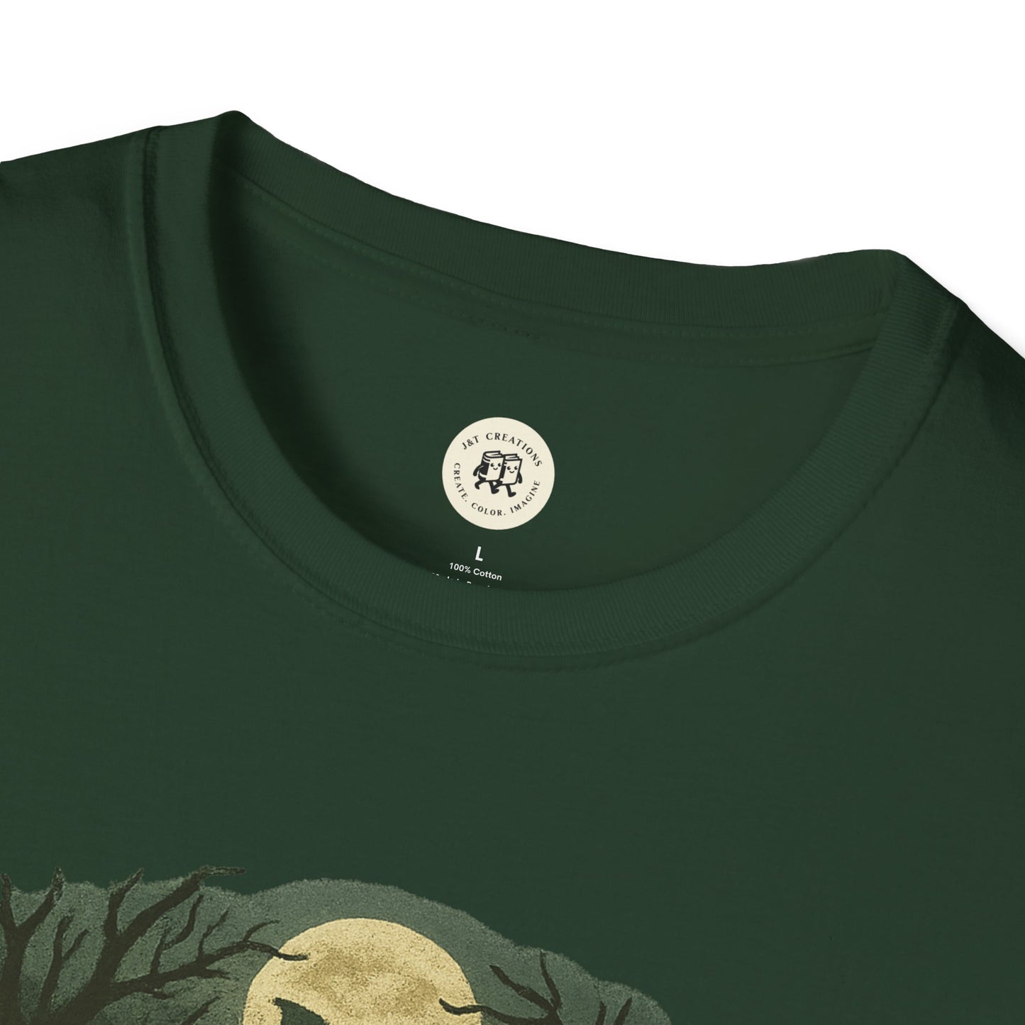Dark green Halloween skeleton graphic tee with spooky design from Printify in size large