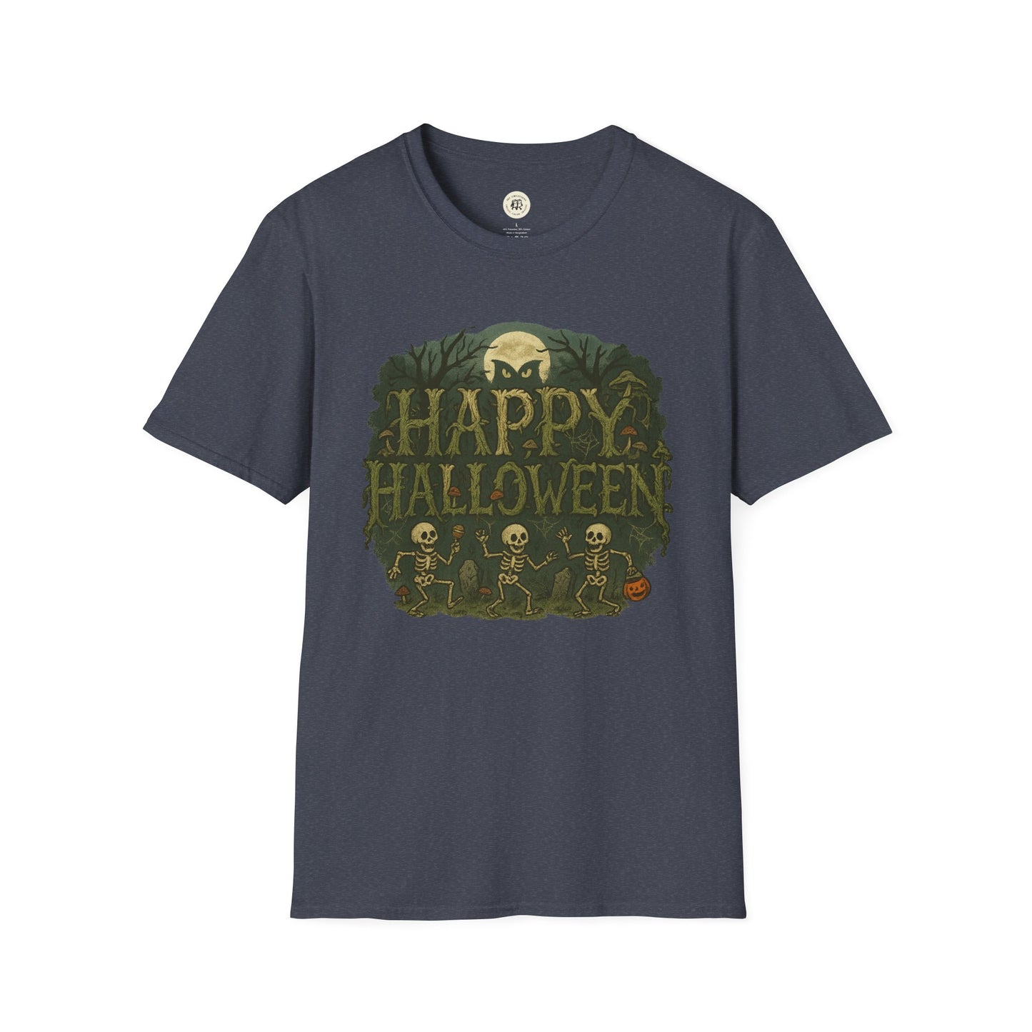 Printify Halloween skeleton graphic tee with dancing skeletons and happy Halloween text on dark shirt