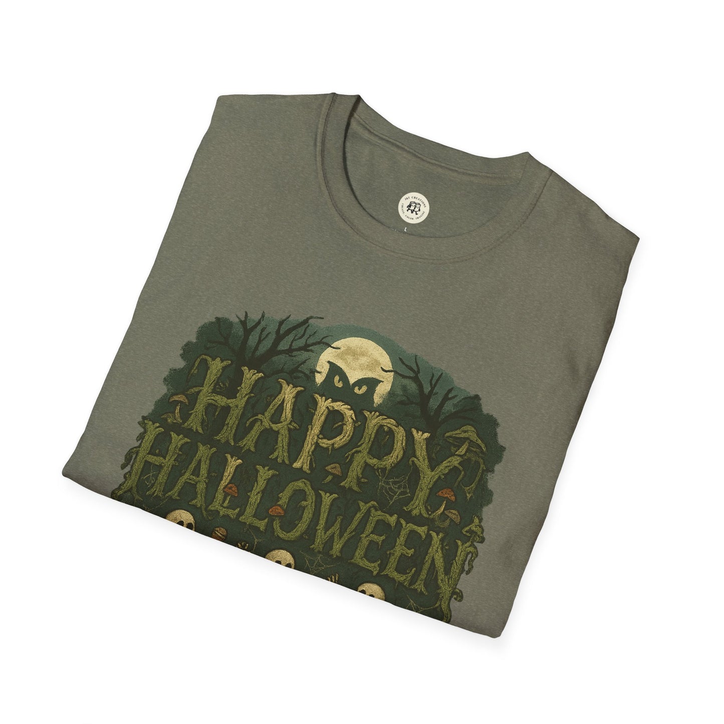 Gray Printify T-Shirt with Halloween skeleton graphic tee featuring spooky trees and full moon design