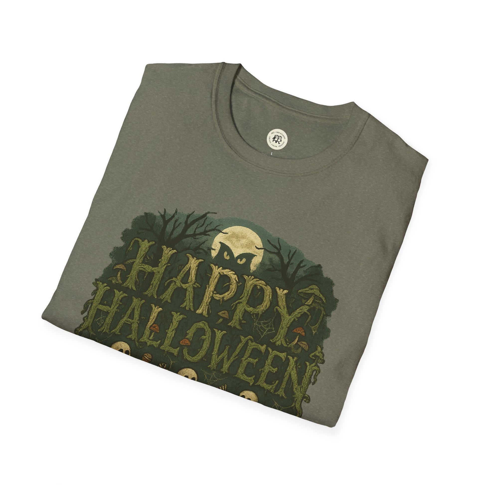 Gray Printify T-Shirt with Halloween skeleton graphic tee featuring spooky trees and full moon design