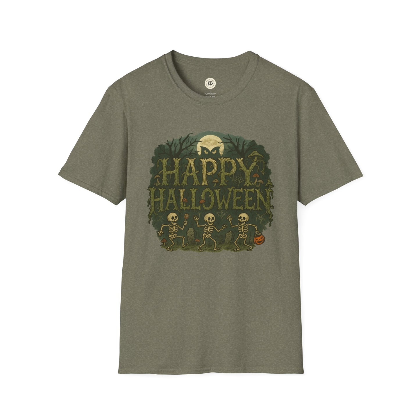 Printify Halloween skeleton graphic tee in olive green with dancing skeletons and Happy Halloween text