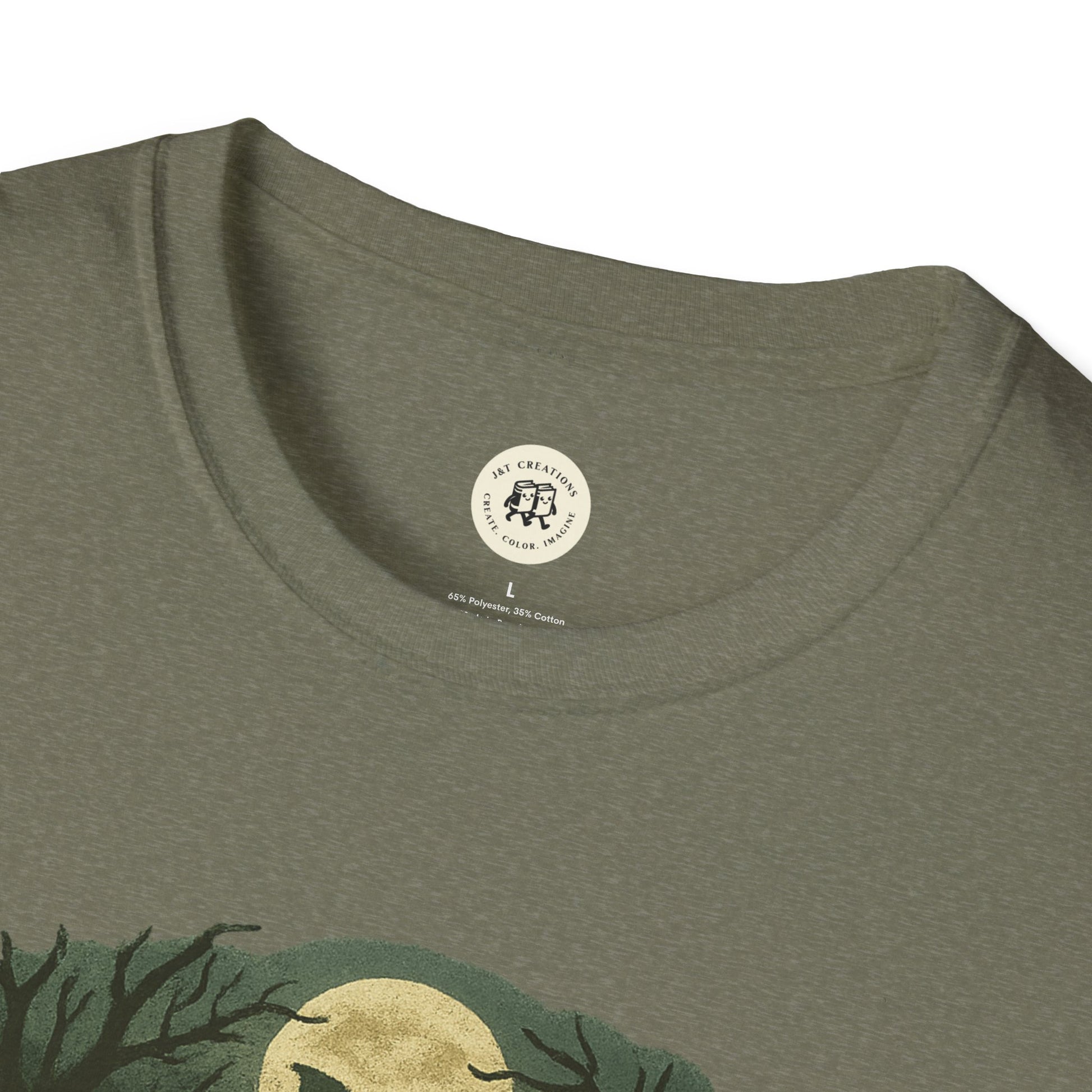 Printify Halloween skeleton graphic tee with green fabric and spooky moon design on the front