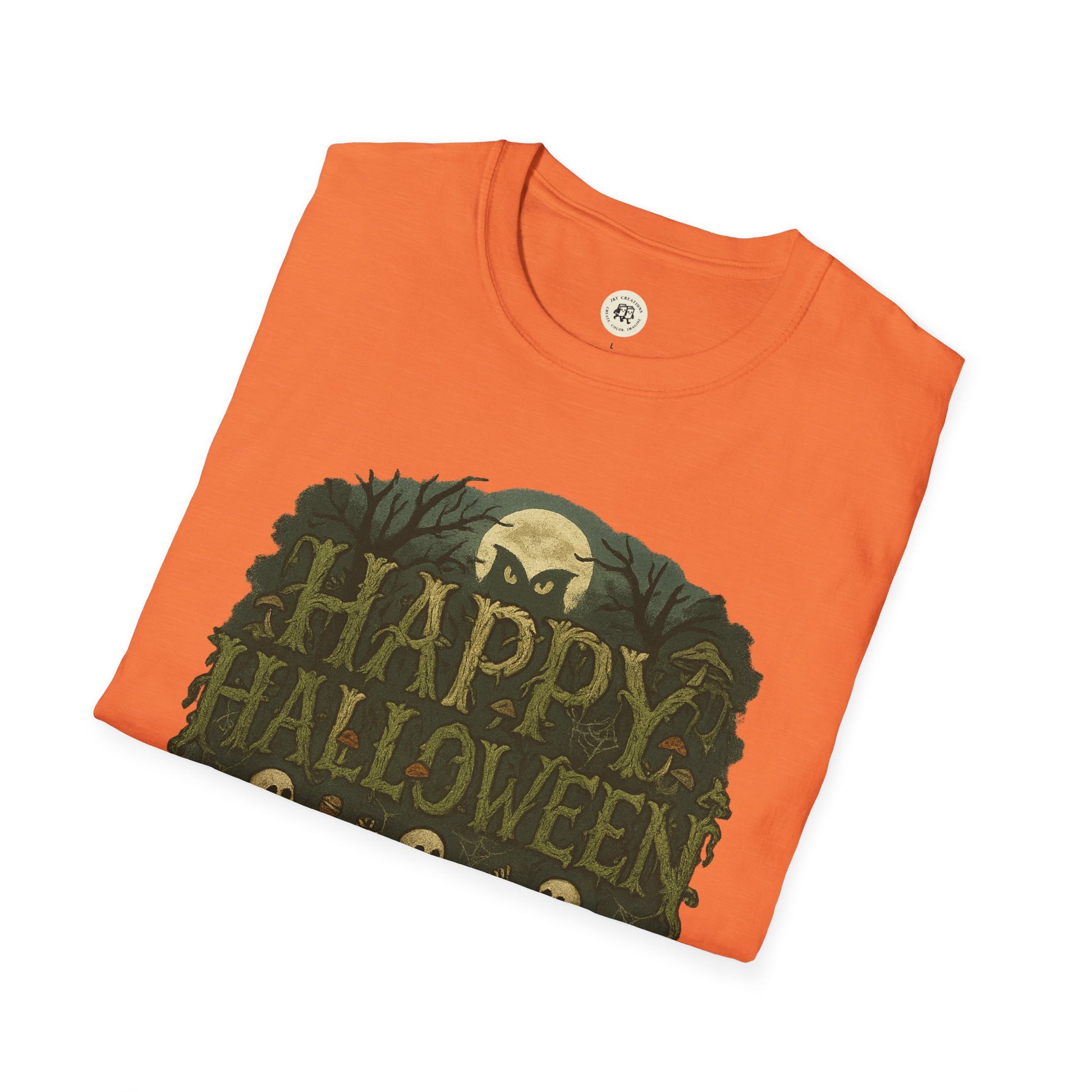 Printify Halloween skeleton graphic tee in orange with spooky Happy Halloween design and full moon