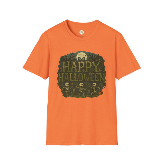 Orange Halloween skeleton graphic tee with Happy Halloween text and dancing skeletons design