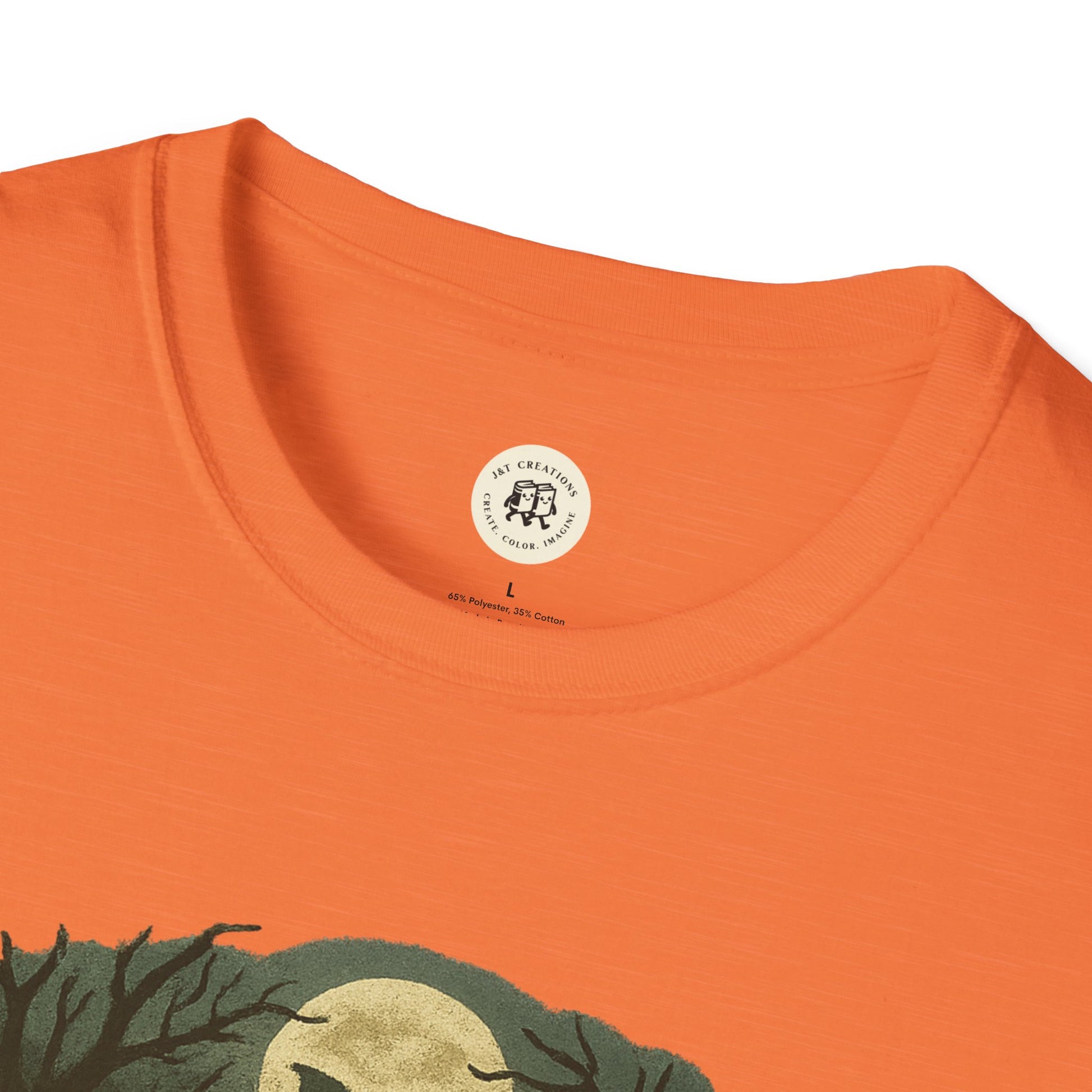 Close-up of orange Printify Halloween skeleton graphic tee with round neckline and part of graphic design