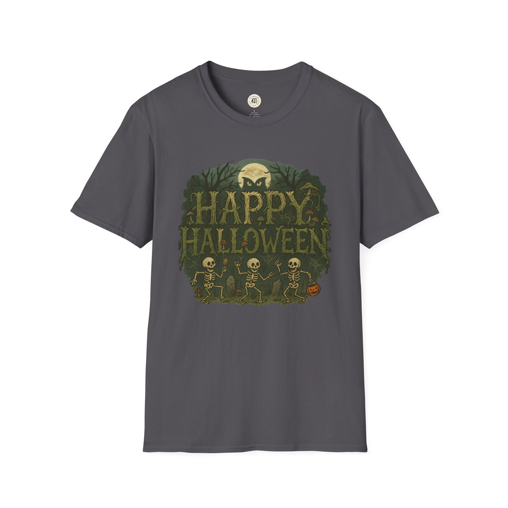 Dark gray Printify Halloween skeleton graphic tee with dancing skeletons and Happy Halloween text