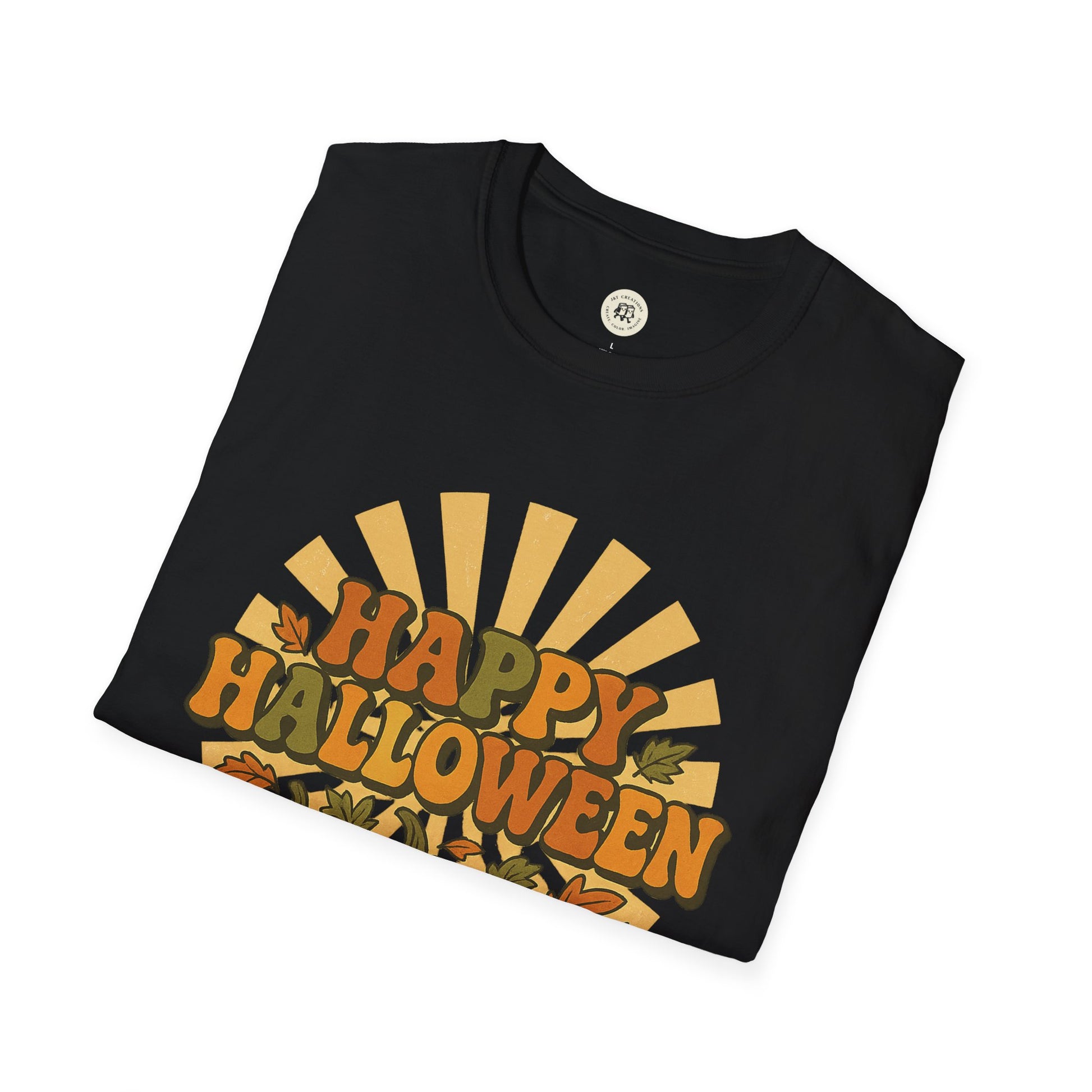 Printify black Happy Halloween t-shirt with retro orange and green autumn leaf design