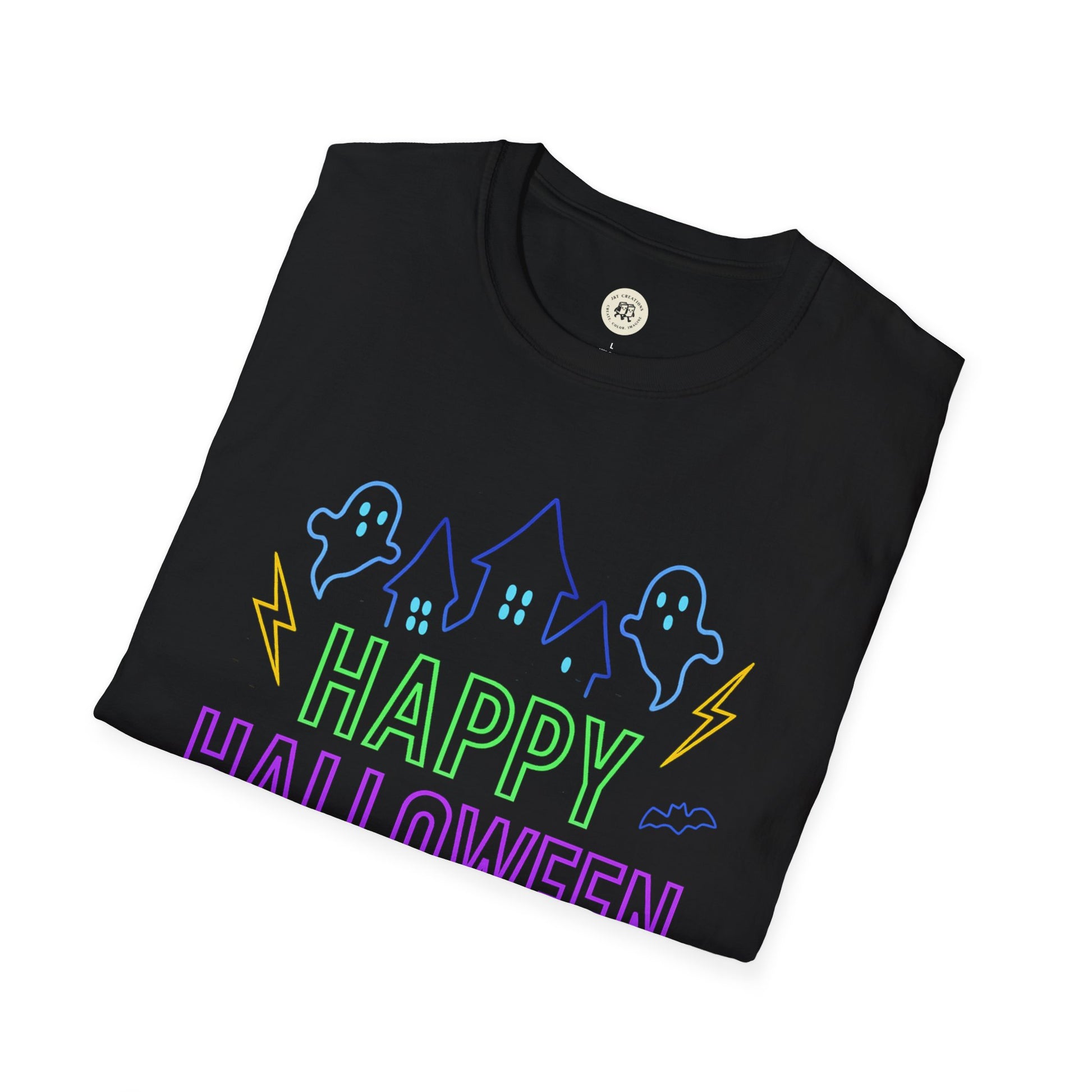 Printify black Happy Halloween t-shirt unisex with neon ghosts haunted house and lightning design