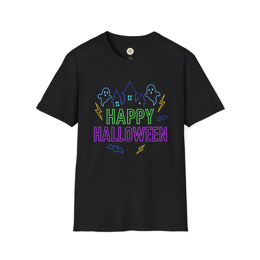 Black Happy Halloween t-shirt unisex with colorful ghost and haunted house design by Printify