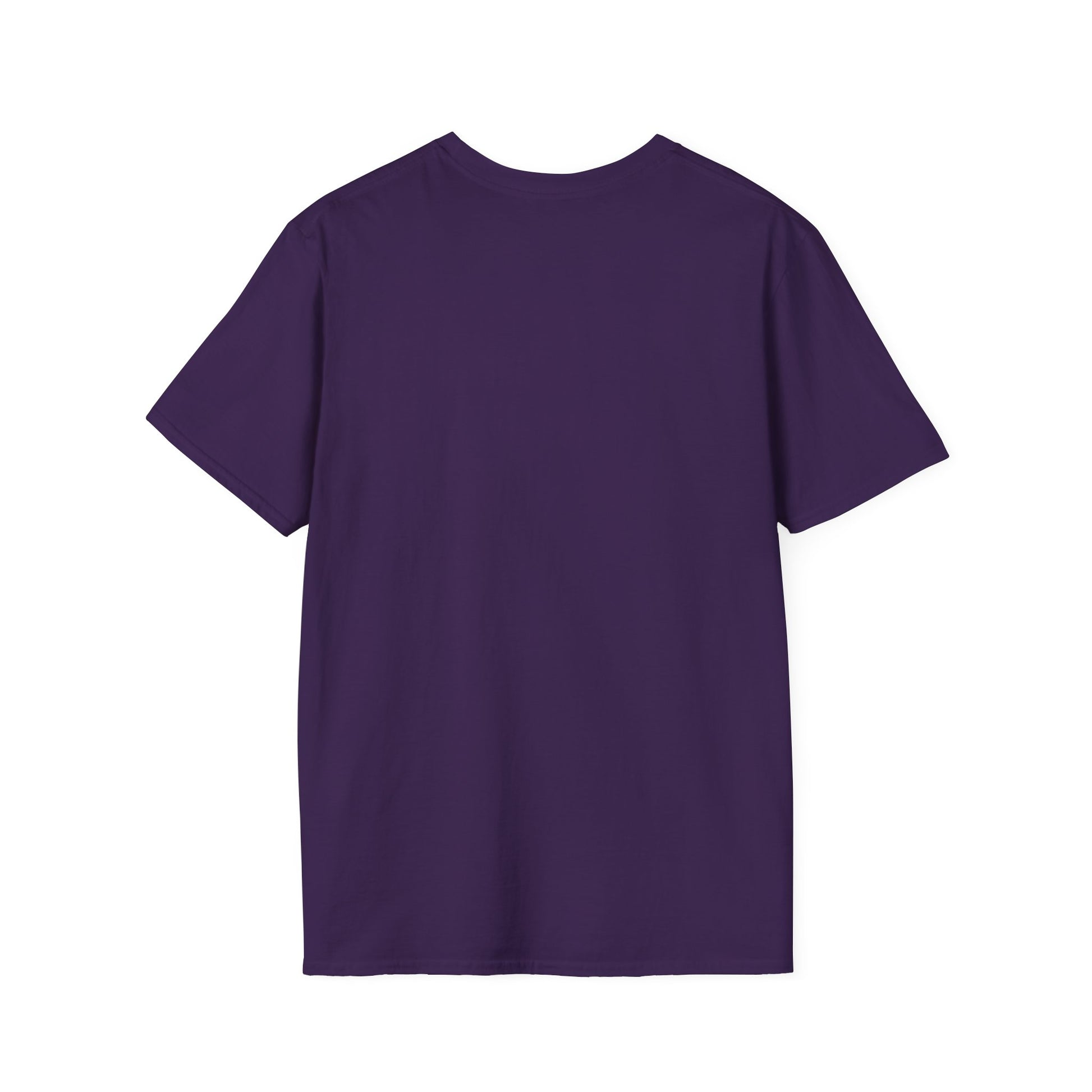 Plain purple Happy Halloween t-shirt unisex displayed from the back by Printify