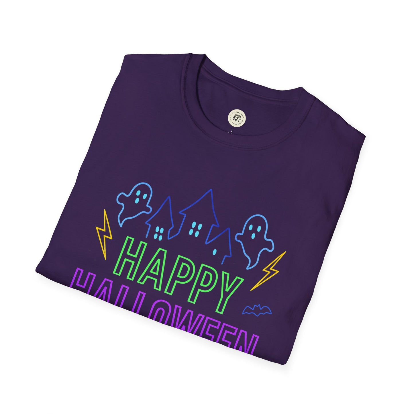 Printify Happy Halloween t-shirt unisex with neon ghost and haunted house design on purple fabric