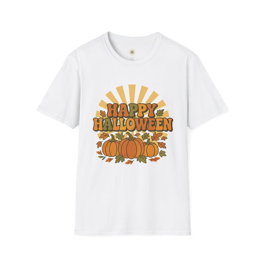White Printify Happy Halloween t-shirt with pumpkins and autumn leaves graphic design