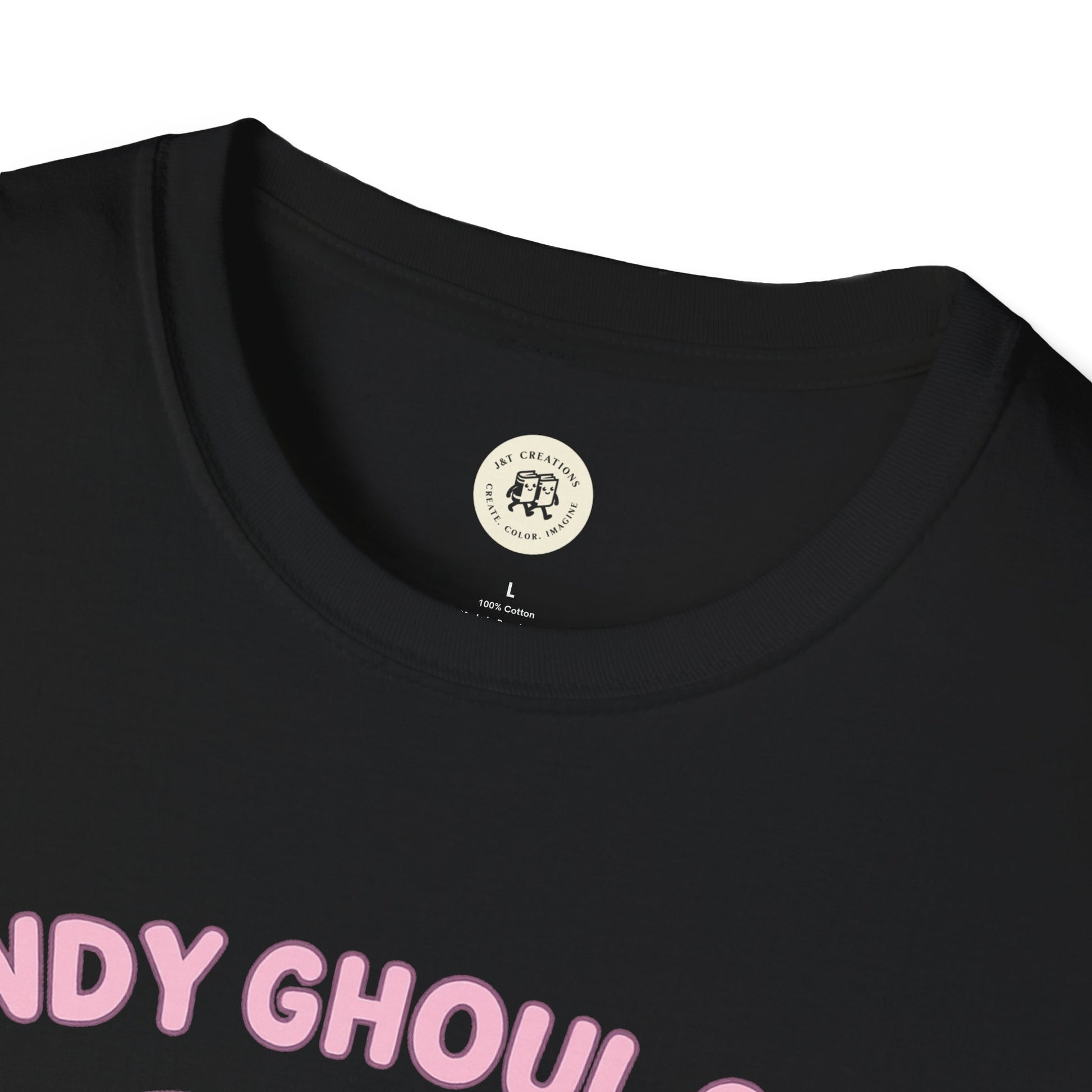 Printify black T-shirt featuring kawaii Halloween ghost shirt design with pink lettering