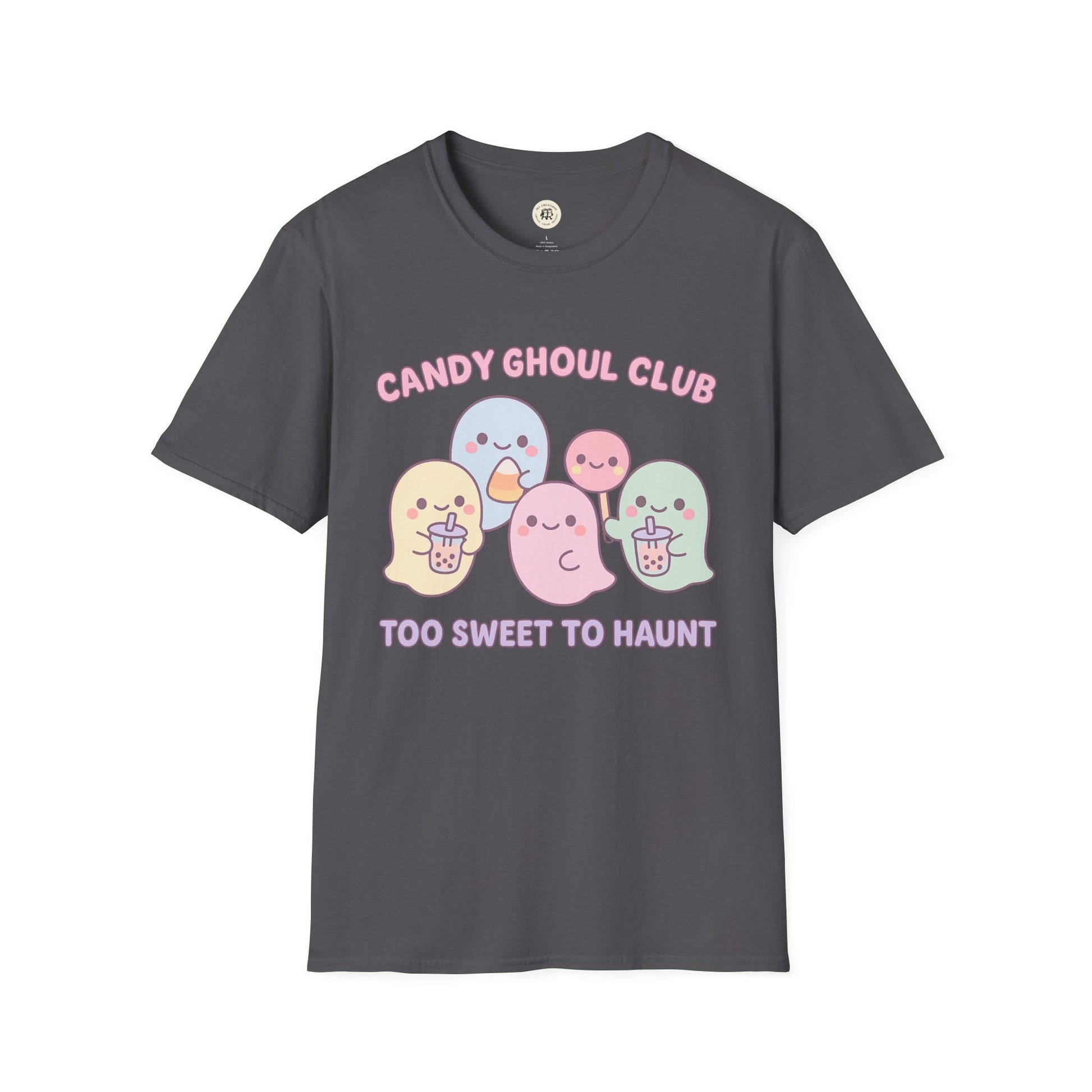 Printify kawaii Halloween ghost shirt featuring pastel ghosts with candy and text candy ghoul club