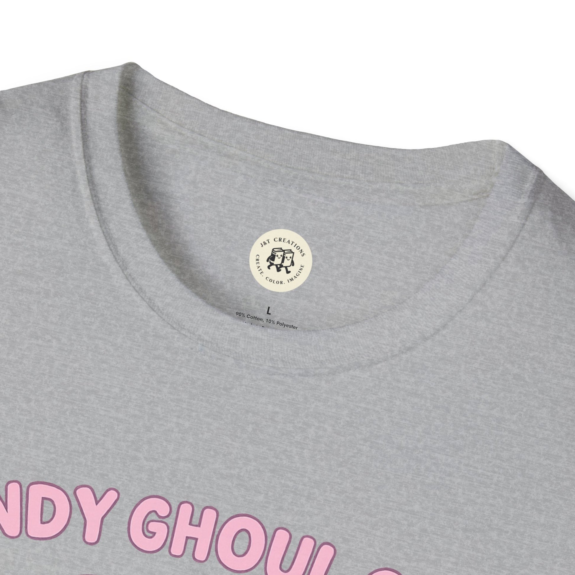 Gray Printify t-shirt with kawaii Halloween ghost shirt design in pink letters on front