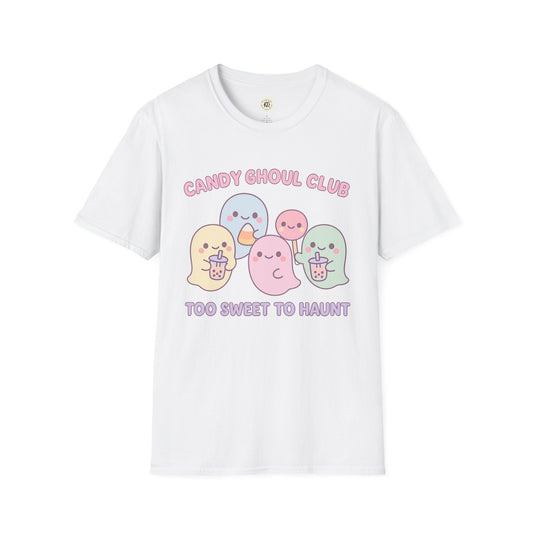 White Printify t-shirt featuring kawaii Halloween ghost shirt design with pastel ghosts and candy
