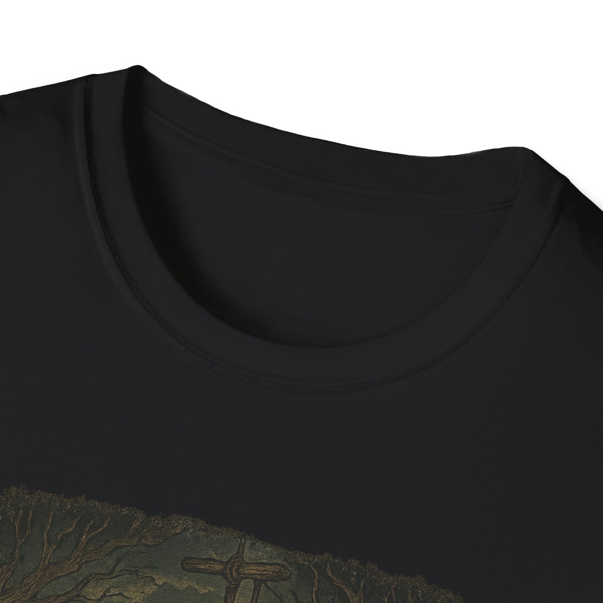 Black Printify haunted huck finn t-shirt featuring detailed spooky graphic design on soft fabric