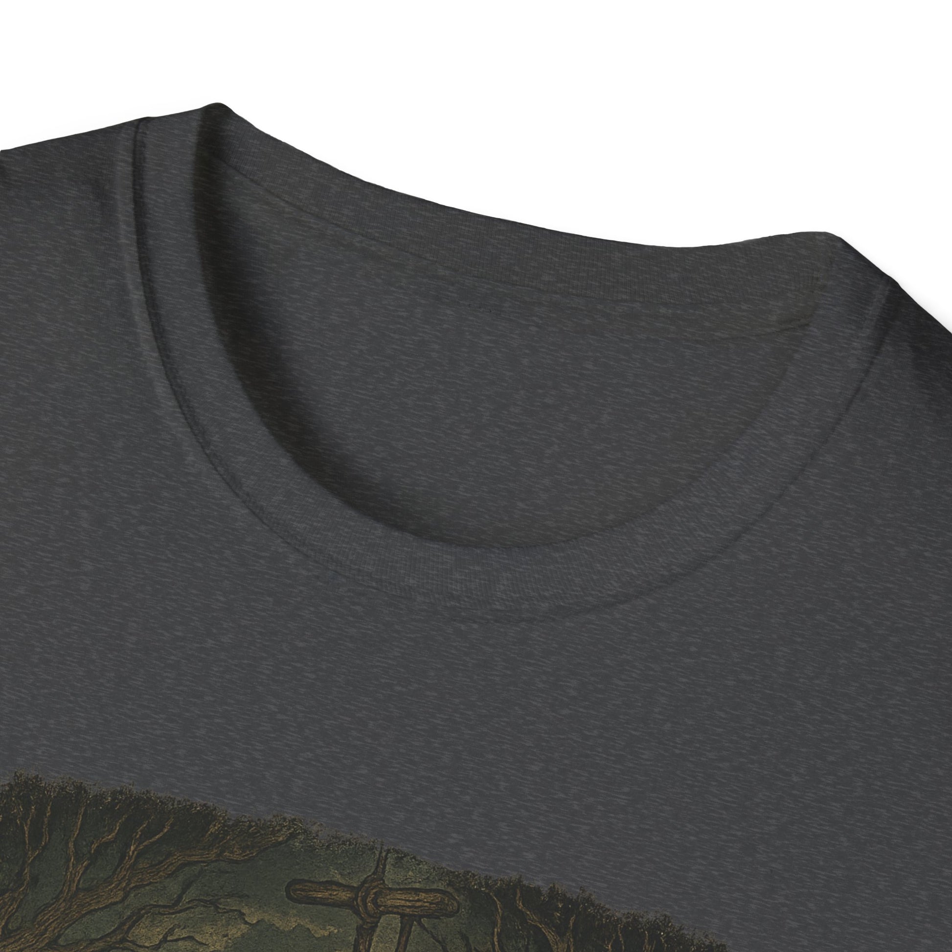 Close-up of dark gray Printify t-shirt collar for haunted huck finn t-shirt design