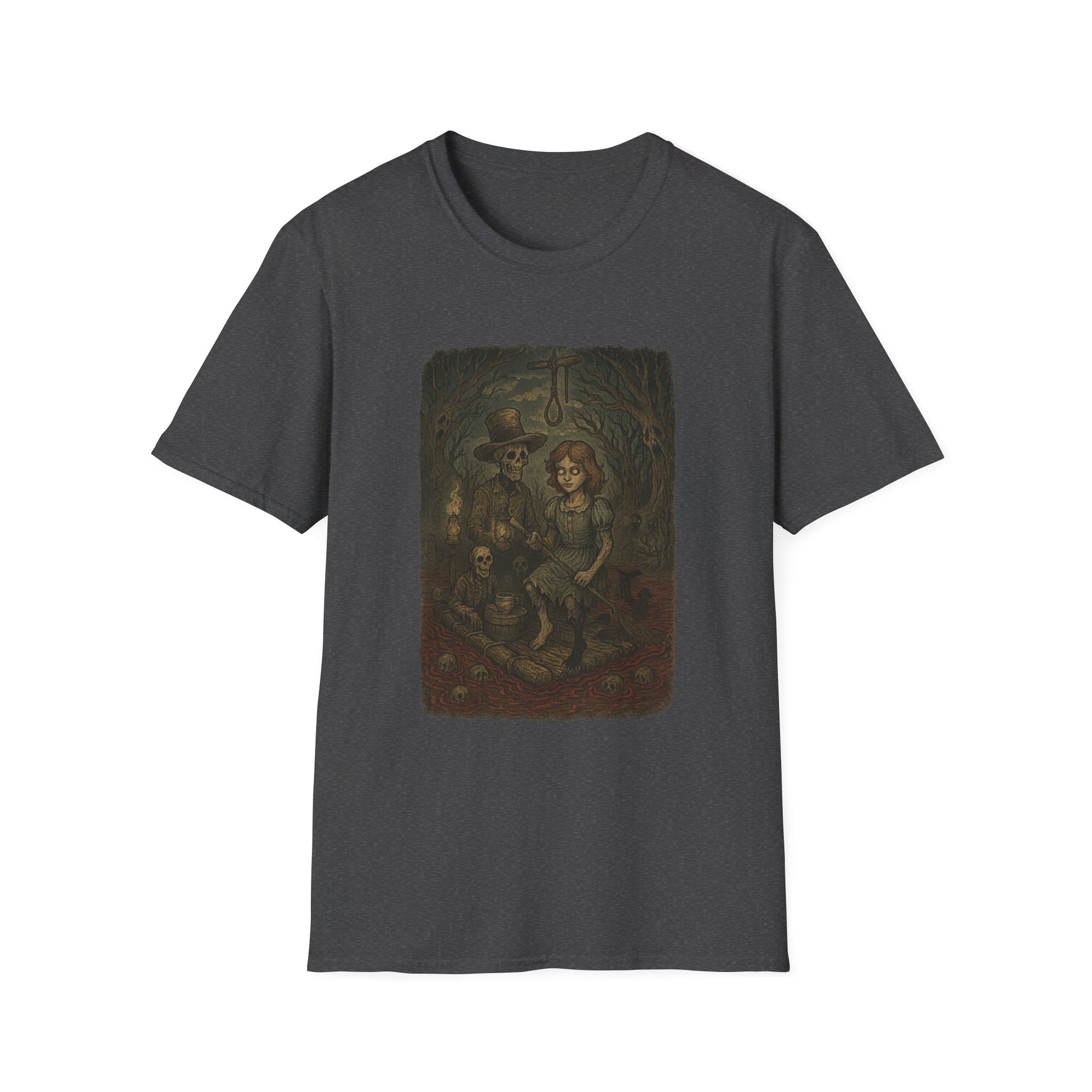 Dark gray haunted huck finn t-shirt featuring spooky Huck Finn and skeletons in eerie forest scene