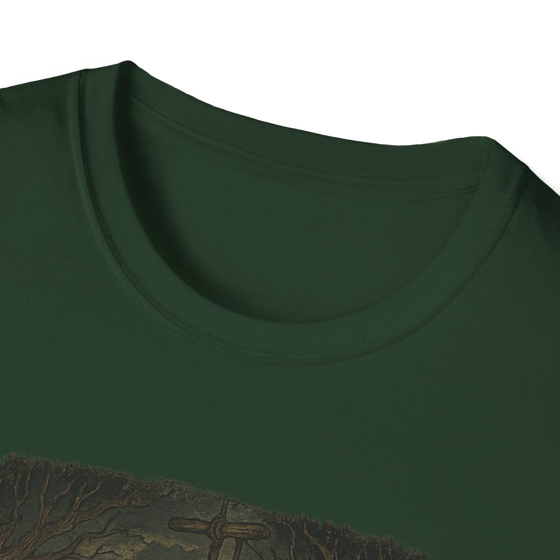 Dark green Printify haunted huck finn t-shirt featuring a spooky design near the collar