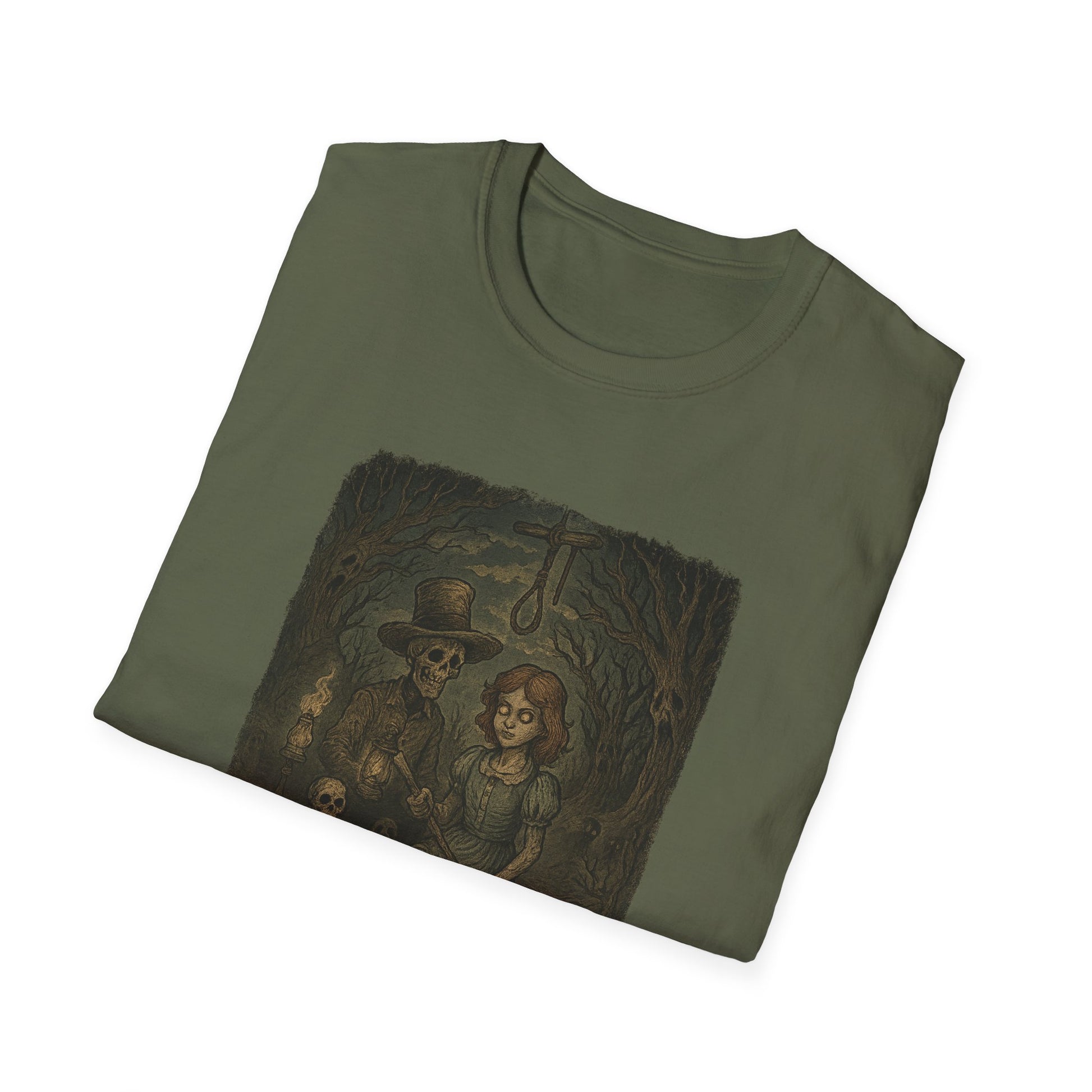 Printify haunted huck finn t-shirt with spooky vintage style artwork on olive green fabric
