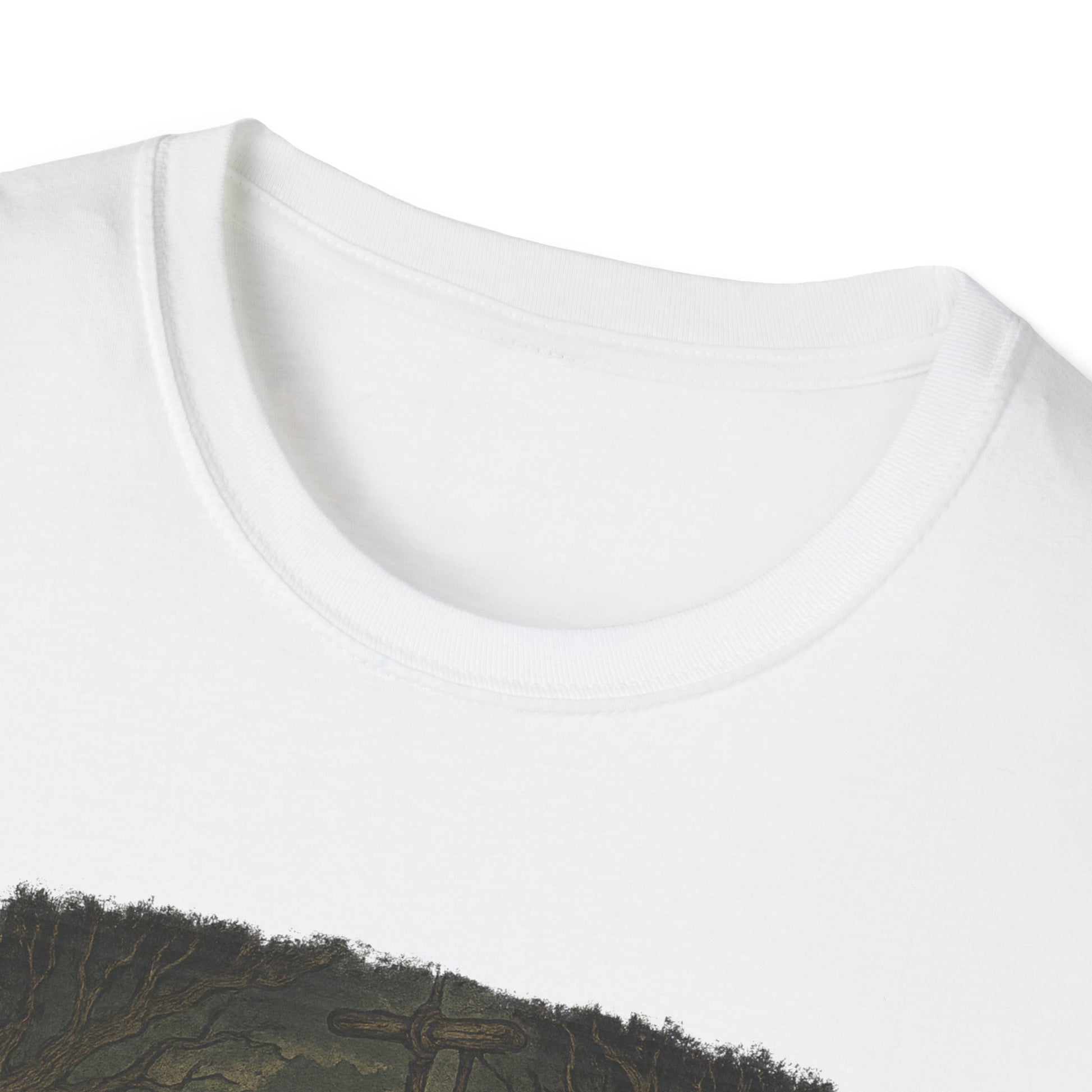 Close-up of white Printify haunted huck finn t-shirt showing collar and part of graphic design