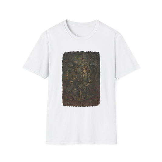 Printify white haunted huck finn t-shirt featuring a spooky vintage-style illustration with skeletons and a girl