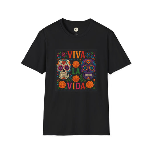 Printify black Day of the Dead skull t-shirt featuring colorful sugar skulls and Viva La Vida floral design
