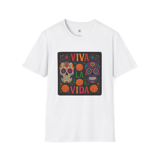 Printify white t shirt featuring colorful sugar skull Viva La Vida design Day of the Dead skull t-shirt