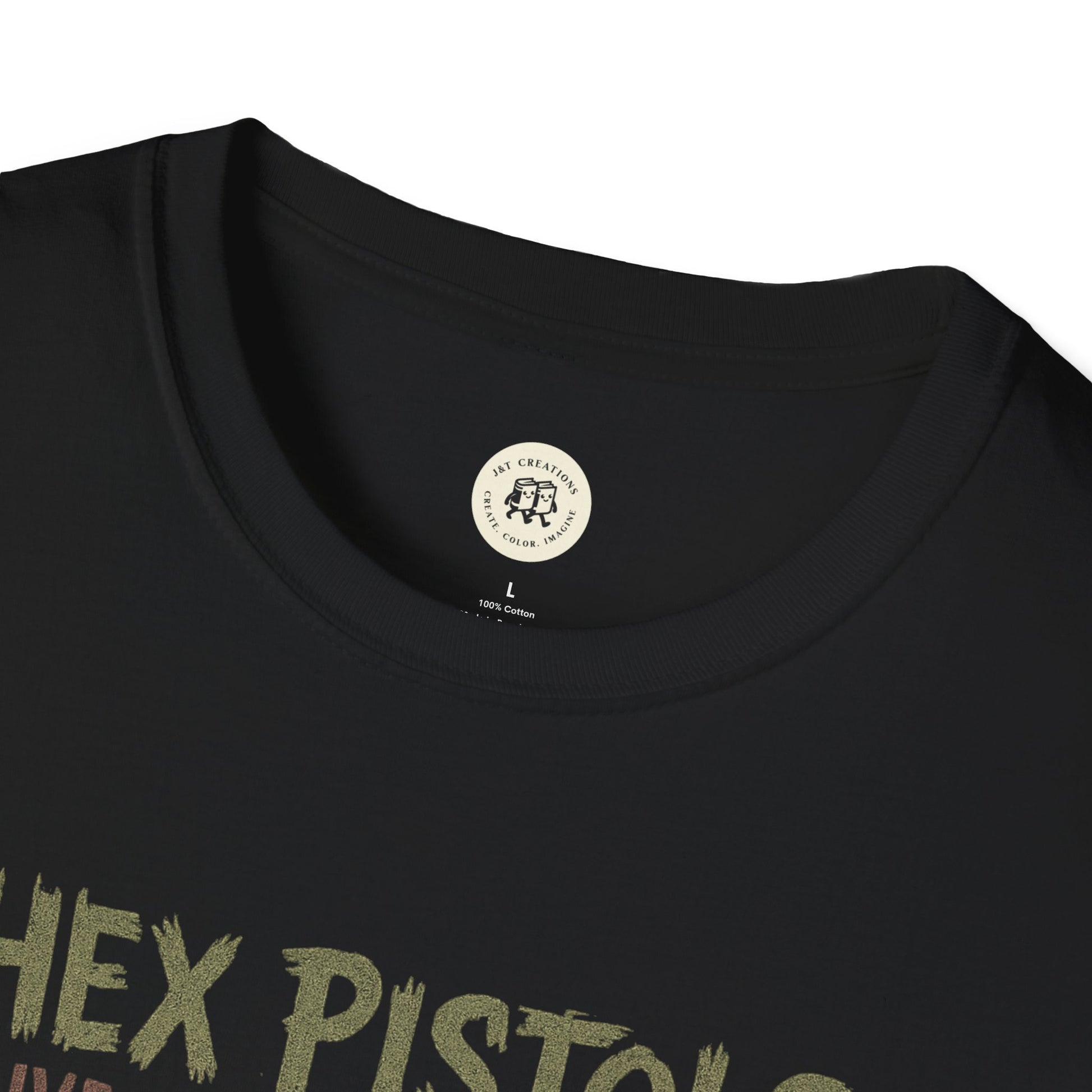 Printify black vintage band graphic t-shirt featuring a faded HEX PISTOLS design