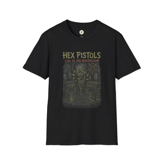 Printify black vintage band graphic t-shirt featuring Hex Pistols live at the mausoleum design