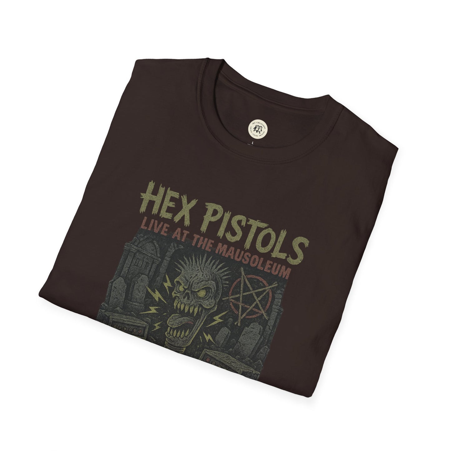 Printify vintage band graphic t-shirt featuring Hex Pistols skull design in dark color