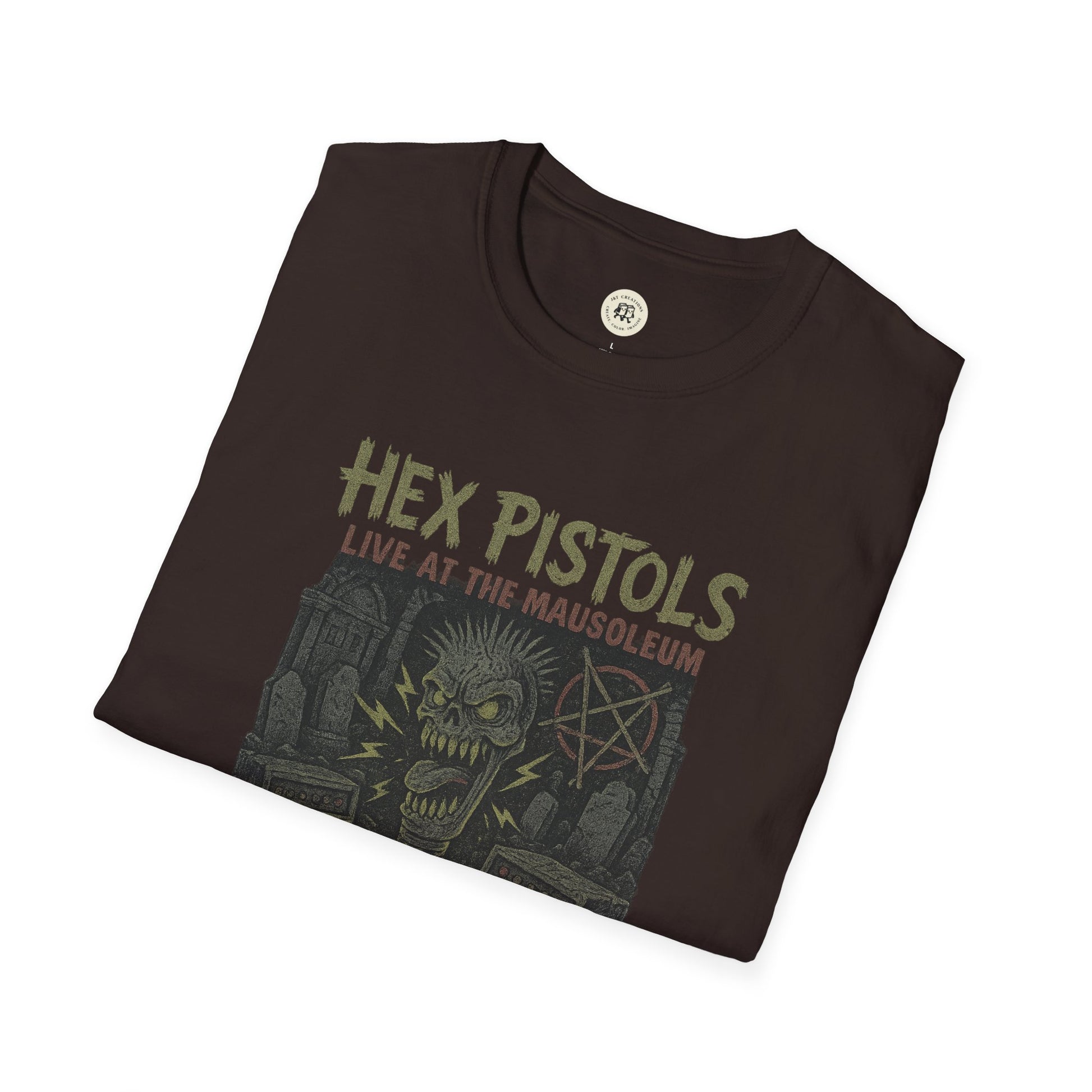 Printify vintage band graphic t-shirt featuring Hex Pistols skull design in dark color