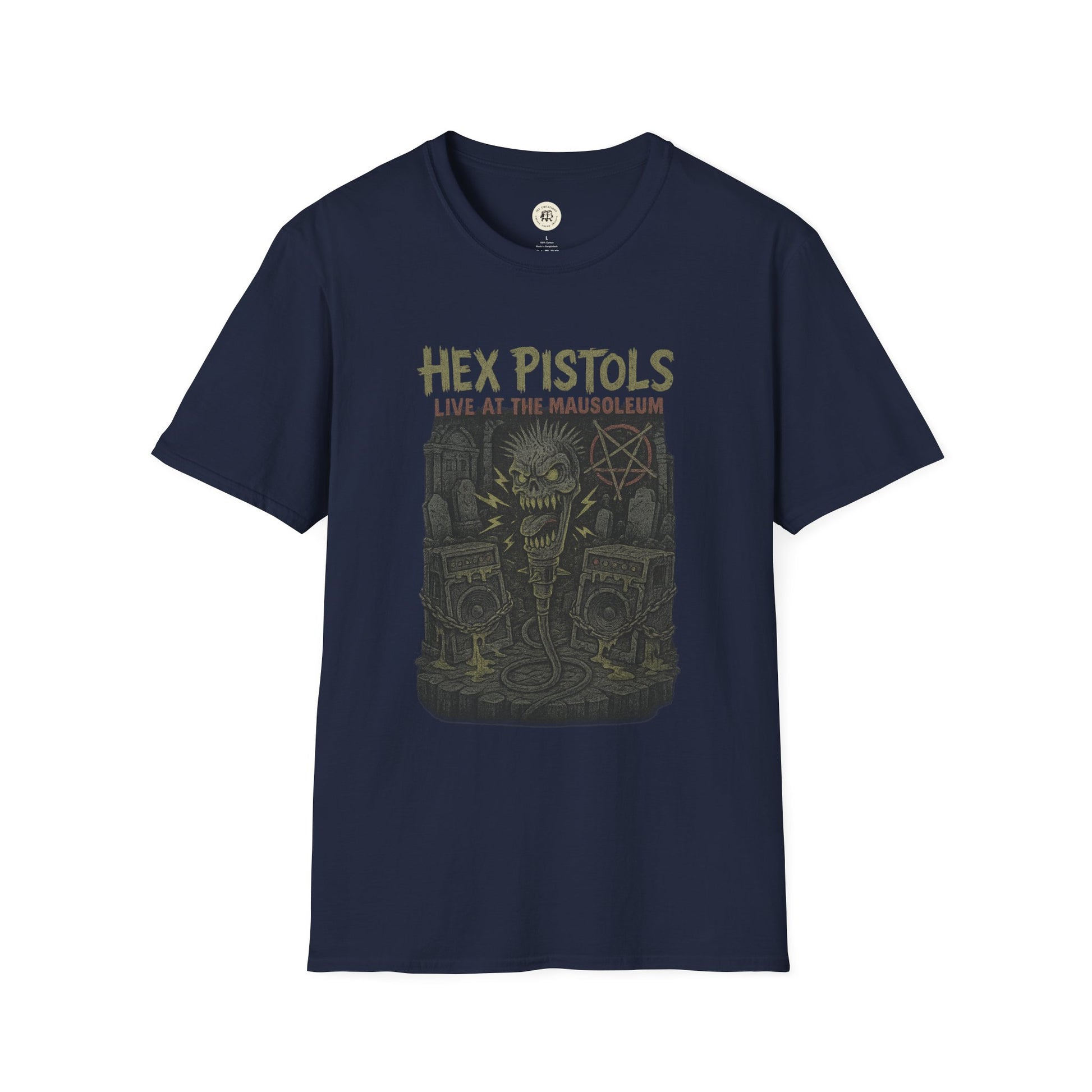 Printify navy vintage band graphic t-shirt with Hex Pistols live at the mausoleum design