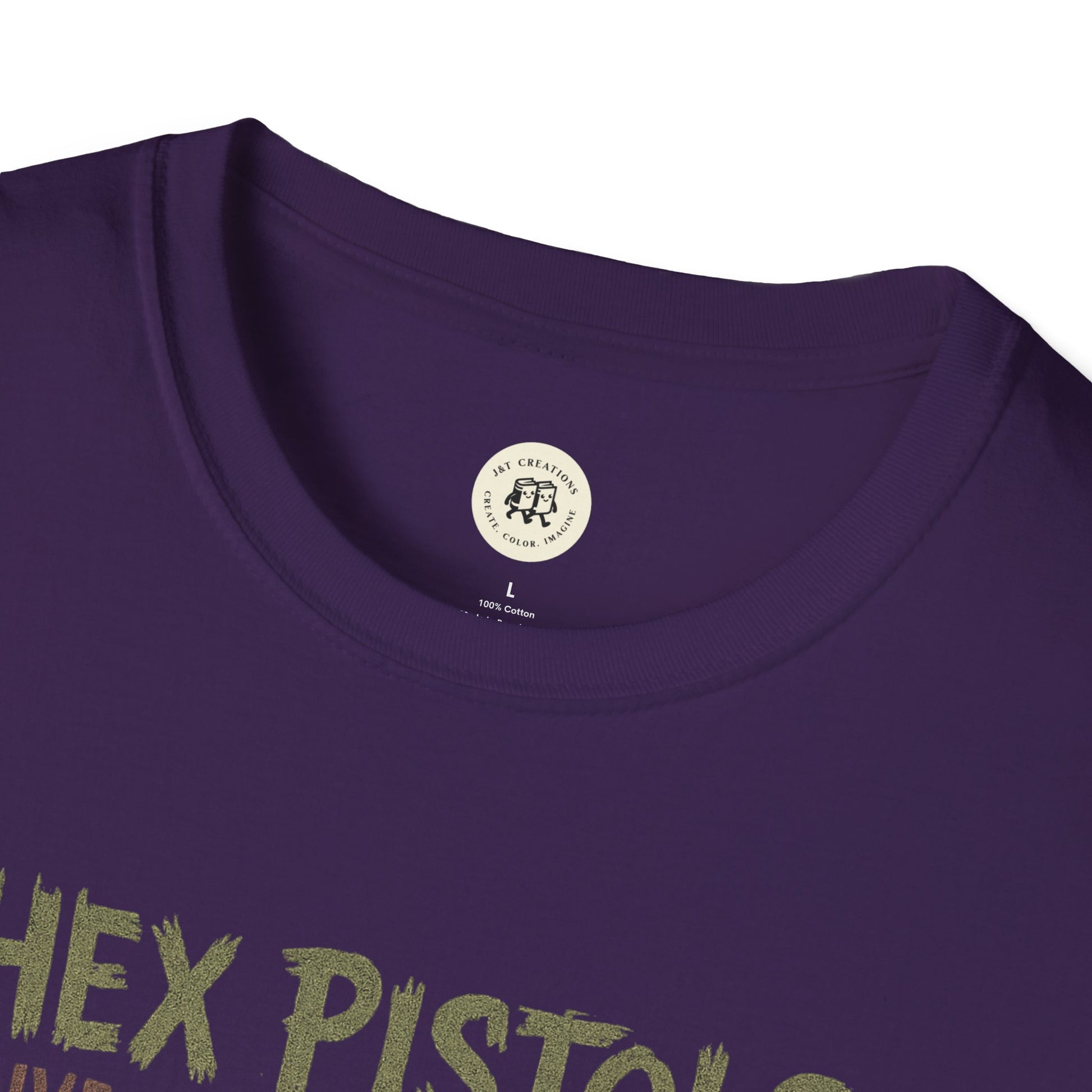 Close-up of purple Printify vintage band graphic t-shirt with Hex Pistols text design
