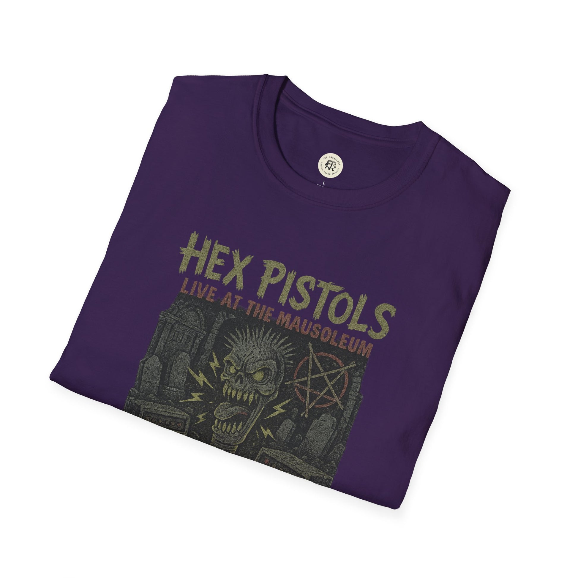 Purple vintage band graphic t-shirt featuring Hex Pistols live at the mausoleum design by Printify