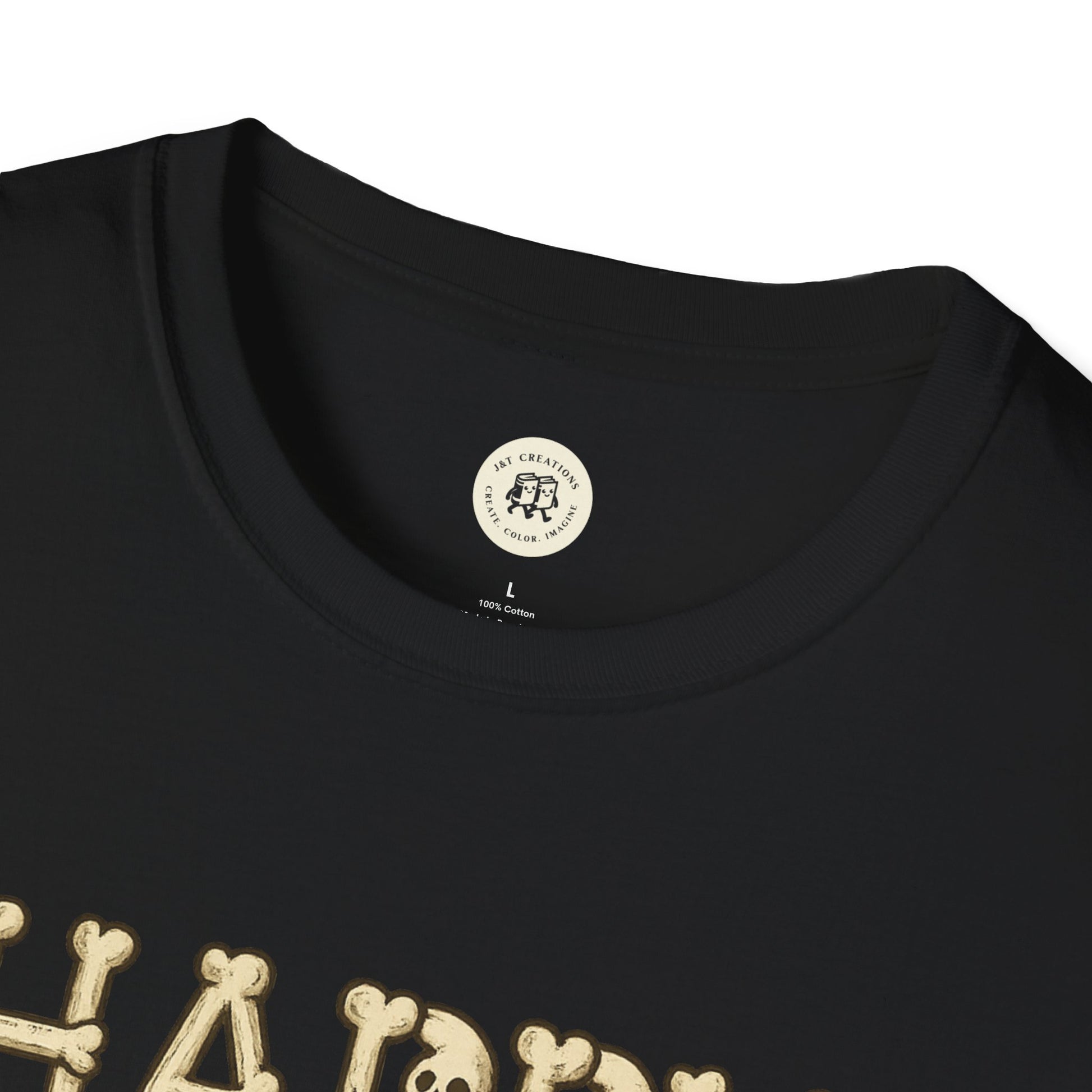 Close-up of black Halloween skeleton shirt with cream skeleton design and round neckline