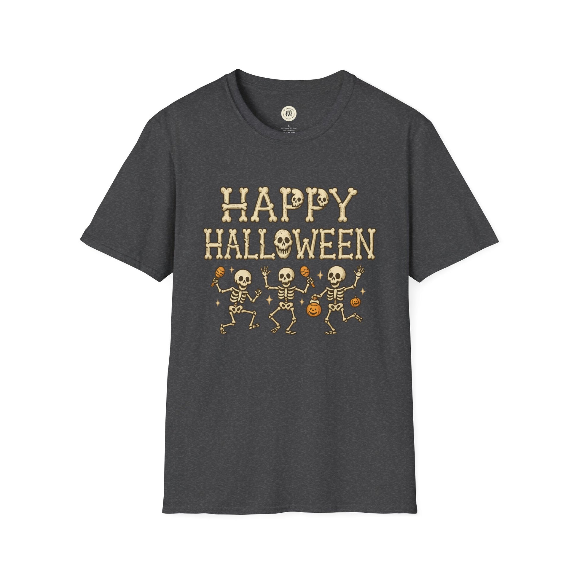 Printify Halloween skeleton shirt with Happy Halloween text and dancing skeletons on dark gray tee