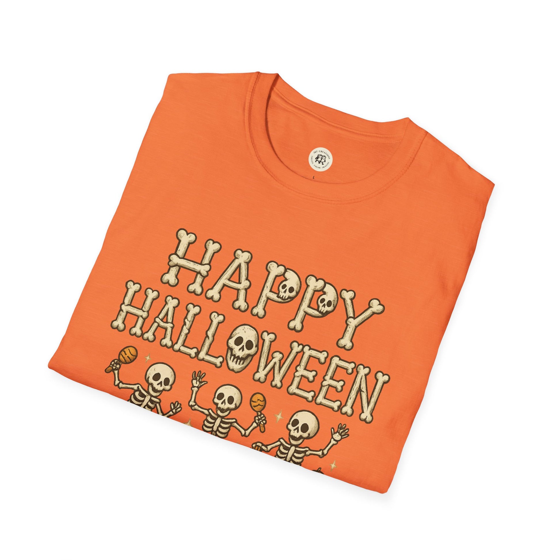 Orange Halloween skeleton shirt with happy Halloween text and dancing skeletons print