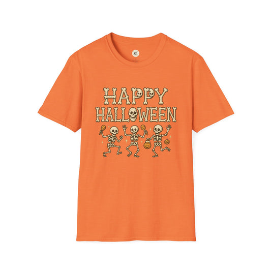 Orange Halloween skeleton shirt with happy Halloween text and dancing skeletons graphic
