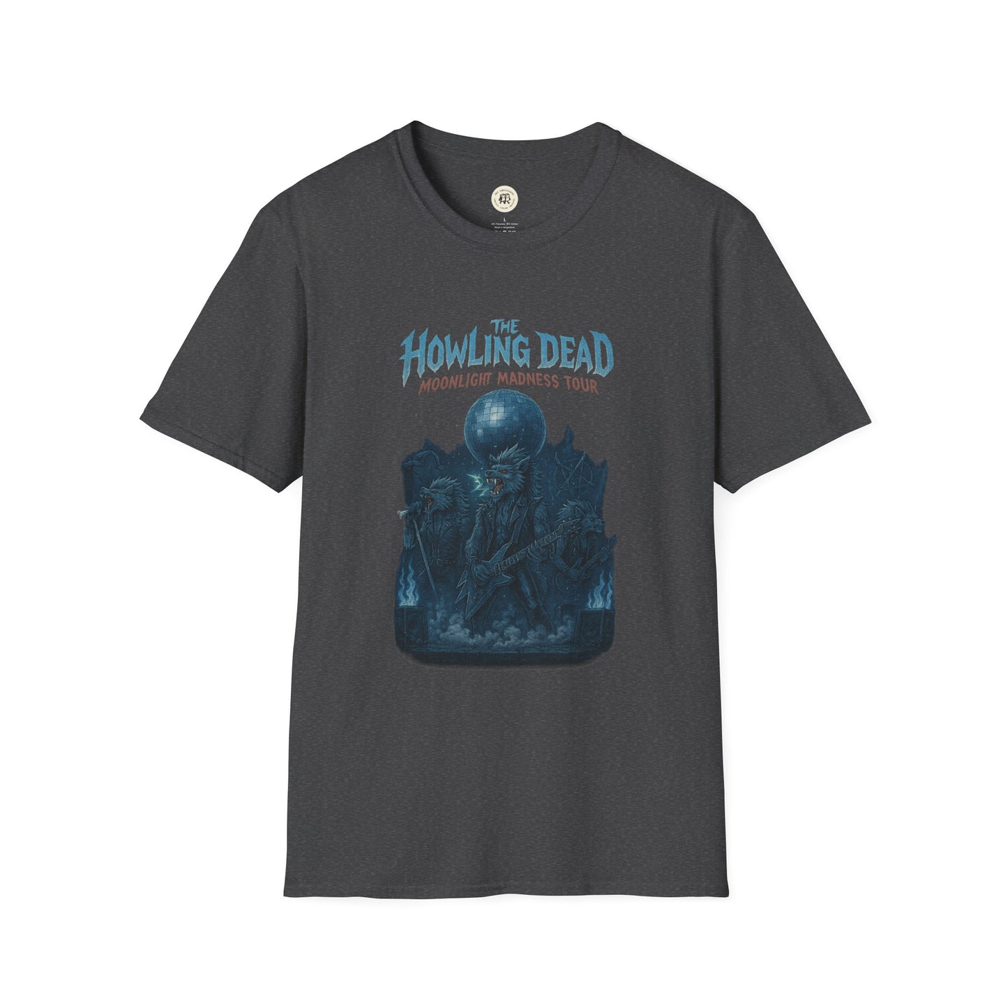 Printify howling dead halloween shirt in dark gray with spooky skeleton and moon graphic