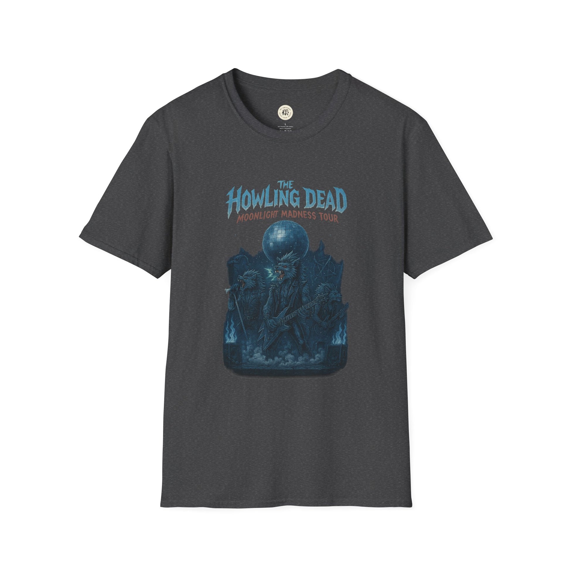 Printify howling dead halloween shirt in dark gray with spooky skeleton and moon graphic